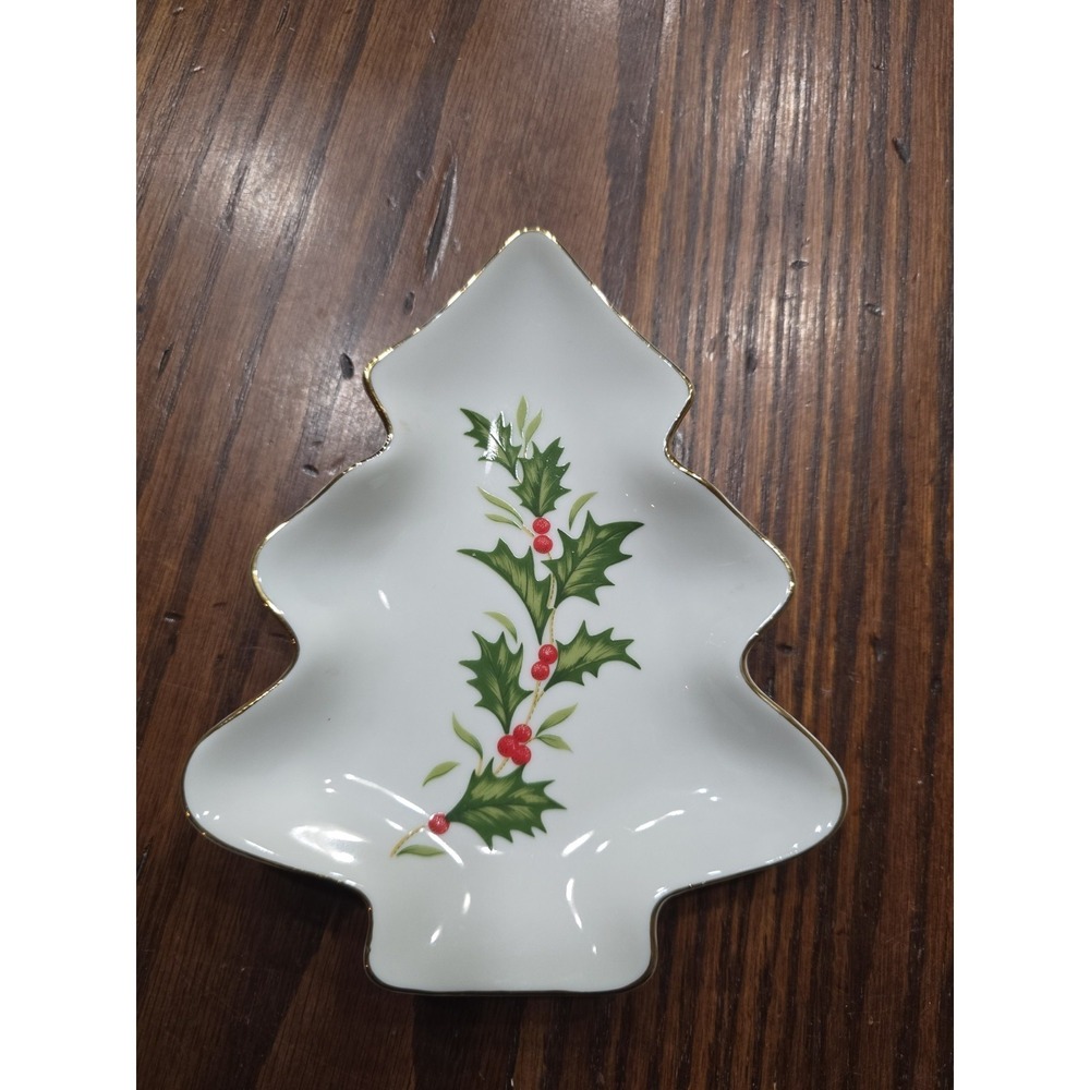 Vintage Kmart Christmas Tree Trinket‎ Dish Holly Berry Gold Trim Japan 6 inch